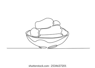 La comida chatarra en el tazón continua una línea de dibujo. Ilustración de arte de una sola línea de comida en el tazón. Vector editable.