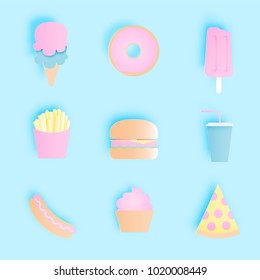 Junkfood icon pack in paper art with pastel color scheme style vector illustration 