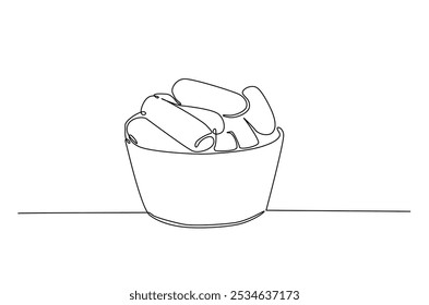 Comida chatarra en tazón de papel continuo de una línea de dibujo. Ilustración de arte de una sola línea de comida en tazón de papel. Vector editable.