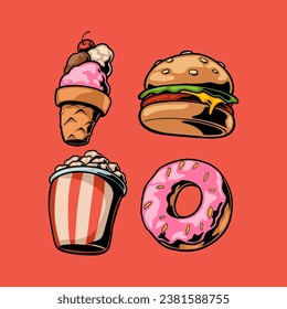 Junkfood retro cartoon style illustration, vintage character vector art collection