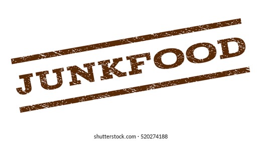 Junkfood watermark stamp. Text caption between parallel lines with grunge design style. Rubber seal stamp with dirty texture. Vector brown color ink imprint on a white background.