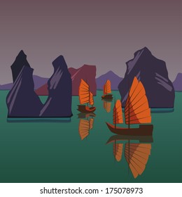 Junks floating on the Andaman Sea vector illustration