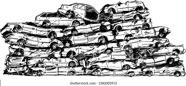 Junkyard Cars Hand Drawn Illustration