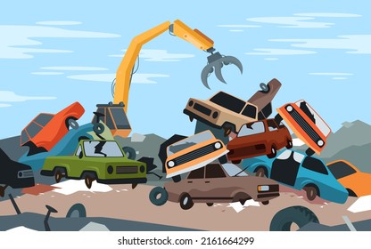 Junkyard dump territory for cars. Scrapped vehicles, old crashed transportation auto, stack of damaged destroyed cars, vehicle recycling, heavy equipment trash vector illustration