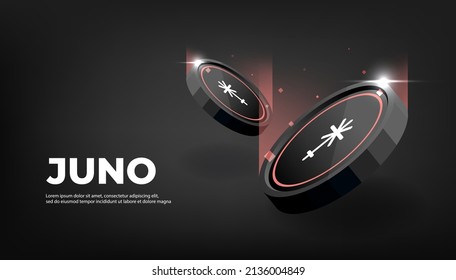 Juno crypto currency themed banner. Juno icon on modern black color background.