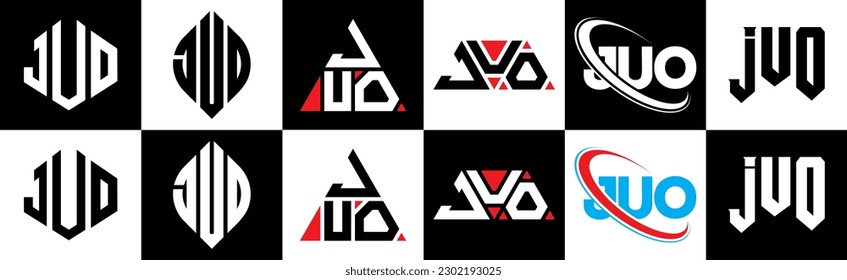 JUO letter logo design in six style. JUO polygon, circle, triangle, hexagon, flat and simple style with black and white color variation letter logo set in one artboard. JUO minimalist and classic logo