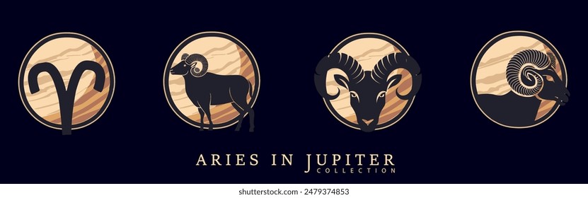 Jupiter in aries symbol set. Planet and zodiac sign logo, flat design for astrology concept.
