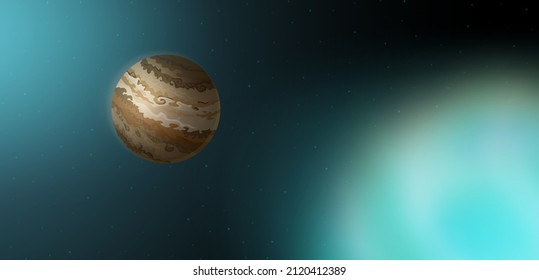Jupiter, fifth planet in Solar system in outer space. Vector cartoon illustration of cosmos background with stars, brown gas giant planet and blurry Earth sphere