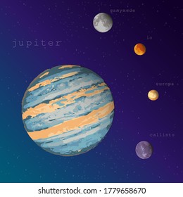 jupiter and four satellites view from space vector illustration for education training manuals textbooks posters astronomy space flight research exploration