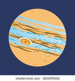 Jupiter in the galaxy isolated. Flat vector stock illustration with solar system planet, jupiter. Astronomical or astorological illustration as a logo, emblem