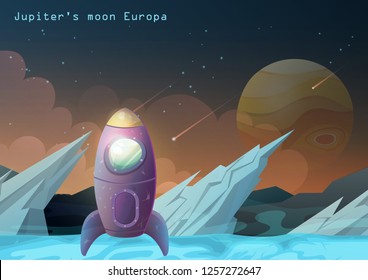 Jupiter Galilean moon or europa satellite with spaceship and ice. Rocks or mountain on space land with spacecraft. Europan planet in galaxy or universe, solar system. Science and exploration theme