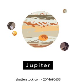 Jupiter. Galilean moons: Io, Europa, Ganymede, Callisto. Planet, satellite, solar system. Celestial body, cosmic object. Astronomy, astrophysics. Vector flat cartoon illustration