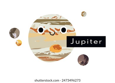 Jupiter. Galilean moons: Io, Europa, Ganymede, Callisto. Cute kawaii planet character with smiling face. Funny celestial body. Solar system. Astronomy for kids. Vector flat cartoon illustration