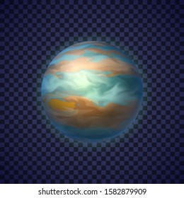Jupiter gas giant planet on transparent background. Colorful fifth planet of solar system. Galaxy discovery and exploration. Realistic cosmic vector illustration for school education materials.