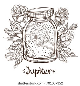 Jupiter in a glass jar. The planet of the solar system in a glass bowl on a stand. Illustration for design on the astrology, astronomy, spirituality.
