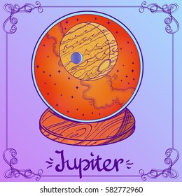 Jupiter. Illustration in style pastel goth. The planet of the solar system in a glass bowl on a stand. Illustration for design on the astrology, astronomy, spirituality.