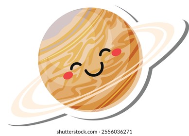 Jupiter, the largest planet in the solar system, smiling with pink cheeks and surrounded by its iconic rings, creates a cheerful and educational kawaii illustration