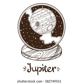 Jupiter monochrome drawing. The planet of the solar system in a glass bowl on a stand. Illustration for design on the astrology, astronomy, spirituality.