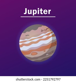 Jupiter auf blauem und violettem Hintergrund, Cartoon-Illustration. Jupiter. Weltraum, Planetentum, Galaxie, Astronomie-Konzept