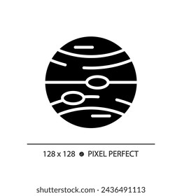 Jupiter pixel perfect black glyph icon. Planetary astronomy. Solar system. Space mission. Science education. Silhouette symbol on white space. Solid pictogram. Vector isolated illustration