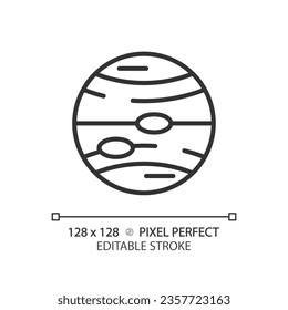 Jupiter Pixel perfekte Linearsymbol. Planetäre Astronomie. Sonnensystem. Weltraummission. Wissenschaftsunterricht. Dünne Illustration. Contour-Symbol. Vektorgrafik-Zeichnung. Bearbeitbarer Hub