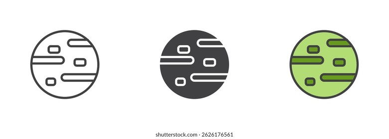 Conjunto de iconos de estilo diferente de planeta de Júpiter. Línea, glifo y contorno relleno versión colorida, contorno y signo de Vector relleno. Símbolo, ilustración del logotipo. Gráficos de Vector