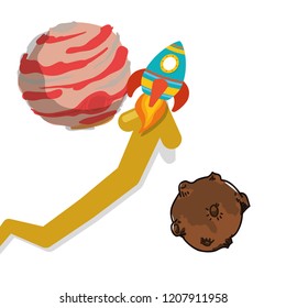 jupiter planet with rocket flying and arrow