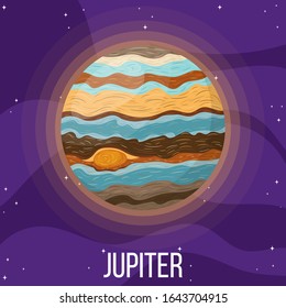 Jupiter planet in space. Colorful universe with Jupiter. Cartoon style vector illustration for any design.