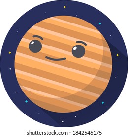 Ilustración del icono del vector del planeta Júpiter. Icono de planeta, ilustración gráfica vectorial plana sobre fondo de espacio oscuro. Estilo de caricatura plano adecuado para página de inicio web, banner, pegatina, fondo 