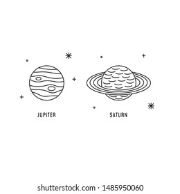 Jupiter and Saturn icons in vector. Isolated linear elements of Solar System. Cosmic illustration for print and digital design. Banner, flyer, web, app.