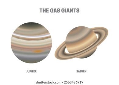 Jupiter and Saturn Planets or Gas Giants Illustration on White Background