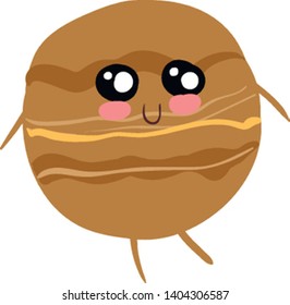 Jupiter with stipes in different brown color shades. It has a face with black and white eyes, pink cheeks and purple lips. It also has hands and legs., vector, color drawing or illustration. 