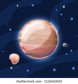 Jupiter vector cartoon illustration. Light orange planet Jupiter of Solar system in dark deep blue space, isolated on blue background