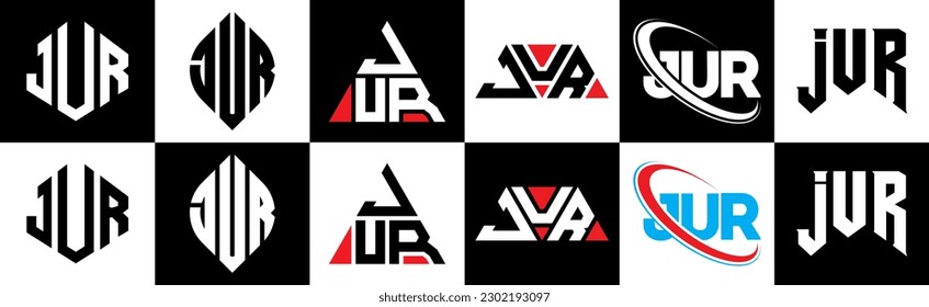 JUR letter logo design in six style. JUR polygon, circle, triangle, hexagon, flat and simple style with black and white color variation letter logo set in one artboard. JUR minimalist and classic logo