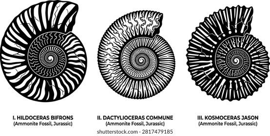 Jurassic Ammonite Fossil Silhouette Vector Set Featuring Detailed Spiral Shell Textures of Hildoceras Bifrons Dactylioceras Commune and Kosmoceras Jason Specimens.eps