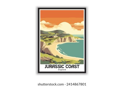 Jurassic Coast, England. Vintage Travel Posters. Vector art. Famous Tourist Destinations Posters Art Prints Wall Art and Print Set Abstract Travel for Hikers Campers Living Room Decor