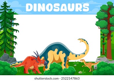 Anuncio de parque de dinosaurios jurásico con dinosaurios prehistóricos en bosque de selva verde. Plantilla de Vector con criaturas prehistóricas juguetonas y exuberante vegetación para la educación, libros para niños o invitaciones a eventos