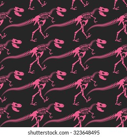 Jurassic dinosaur bones seamless pattern. Tyrannosaurus skeleton pink. Ancient fossil ornament. Vector background of Archeology.