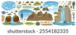 Jurassic dinosaur era environment game asset. Plants and trees, rock and mountain, waterfall, stones and clouds. Ferns, cacti, footprints, dino eggs, ponds and flowers cartoon vector prehistoric set