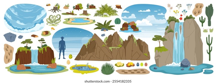 Jurassic dinosaur era environment game asset. Plants and trees, rock and mountain, waterfall, stones and clouds. Ferns, cacti, footprints, dino eggs, ponds and flowers cartoon vector prehistoric set