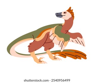 Dinossauro jurássico com pena. Dino voador. Velociraptor colorido. Animal carnívoro pré-histórico. Réptil antigo com asas. Paleontologia. Ilustração de vetor isolado plano sobre fundo branco