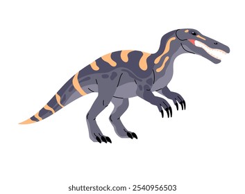 Jurassic dinosaur with open jaw. Carnivorous dino with crocodile head. Suchomimus. Aggressive prehistoric reptile. Dangerous ancient animal. Paleontology. Flat isolated vector illustration on white