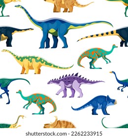 Jurassic dinosaurs cartoon characters seamless pattern. Textile vector seamless print with Quaesitosaurus, Opisthocoelicaudia, Jaxartosaurus and Struthiosaurus, Protoceratops, Elmisaurus cute dinosaur