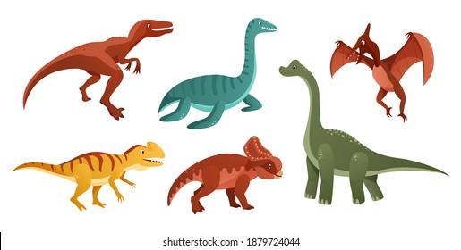 Jurassic dinosaurs are depicted on a white background. Colorful dinosaurs cartoon character illustration. Vector illustration