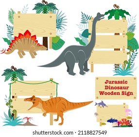 With Jurassic dinosaurs
A set of illustrations of Mesozoic plants and wood grain signboards