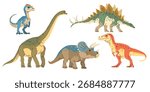 Jurassic era animals dinosaurs set. Velociraptor, Stegosaurus, Allosaurus, Brachiosaurus, Triceratops in flat modern minimalistic style. Vector illustrations.
