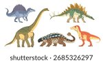 Jurassic era animals dinosaurs set. Spinosaurus; Stegosaurus; Allosaurus; Ankylosaurus; Brachiosaurus in flat modern minimalistic style. Vector illustrations.