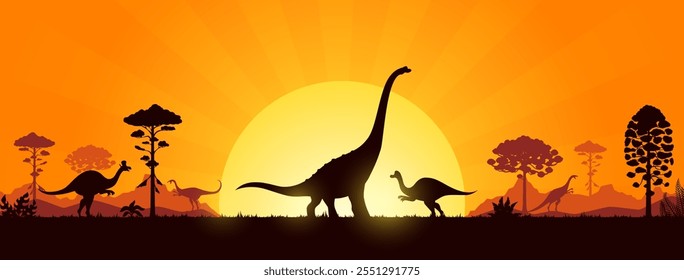 Paisagem da era jurássica com silhuetas de dinossauros na floresta por do sol, fundo vetorial. Lagartos gigantes pré-históricos e silhuetas de répteis na floresta de selva para crianças dino mundo ou museu de paleontologia