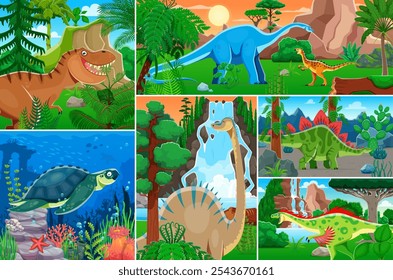 Jurassic era prehistoric dinosaur characters collage with lizards and reptiles, vector background. Cartoon Jurassic dino world collage with funny T-rex dinosaur for kids atlas or encyclopedia