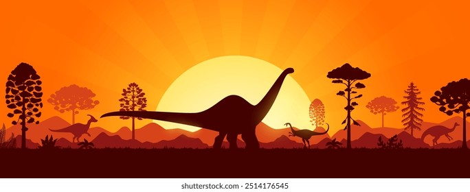 Paisaje del atardecer de la era jurásica con siluetas de dinosaurios en bosque, fondo de Vector. Dinosaurio prehistórico y silueta de lagarto gigante de brontosaurio con reptiles dino en la puesta del sol del bosque jurásico